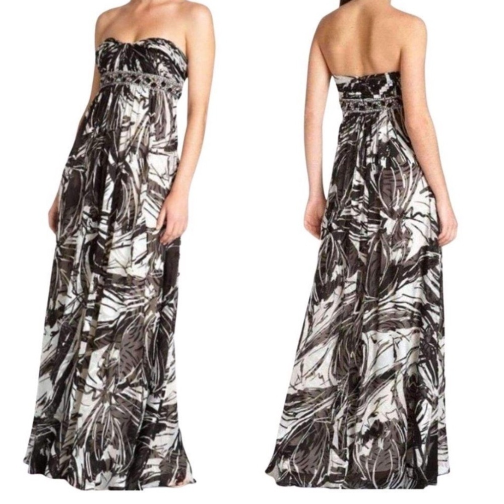 BCBGMaxAzria Strapless Silk Evening Gown Black & White Rhinestone Embellished